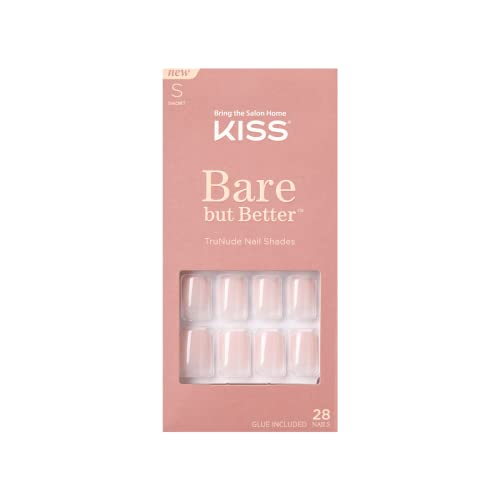 KISS Bare but Better Press On Nails, Glossy Pink, Short Length, Square Shape, 28 Fake Nails, Pink Gel Nail Glue Net Wt. 2g (0.07 Oz.), Mini Nail File, & Manicure Stick | Premium Nail Wraps