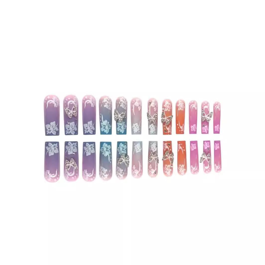 48Pcs Press on Nails Long Square & Toenails Set, Fake Nails With Flower Butterfly Design Full Glue on French Tip, Full Cover Stick on Toe Nails for Women Manicure | Premium Nail Wraps