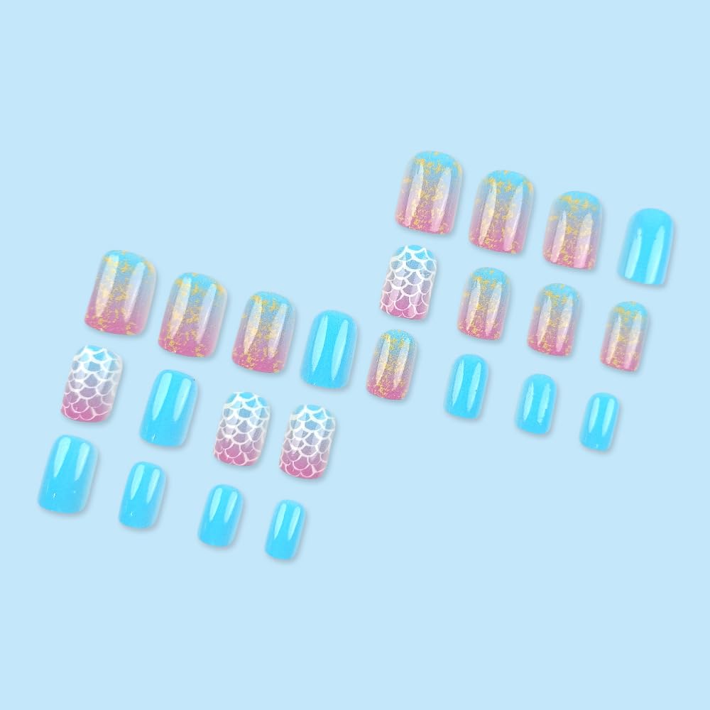 24 Pcs Summer Press on Nails Short Square Starry Sky Scales Design,YIHONGYAN Simple Fake Nails Press ons Blue Nail Tips Acrylic Set Glue on Nails Full Cover False Nails Glossy Stick on Nails for Women | Premium Nail Wraps