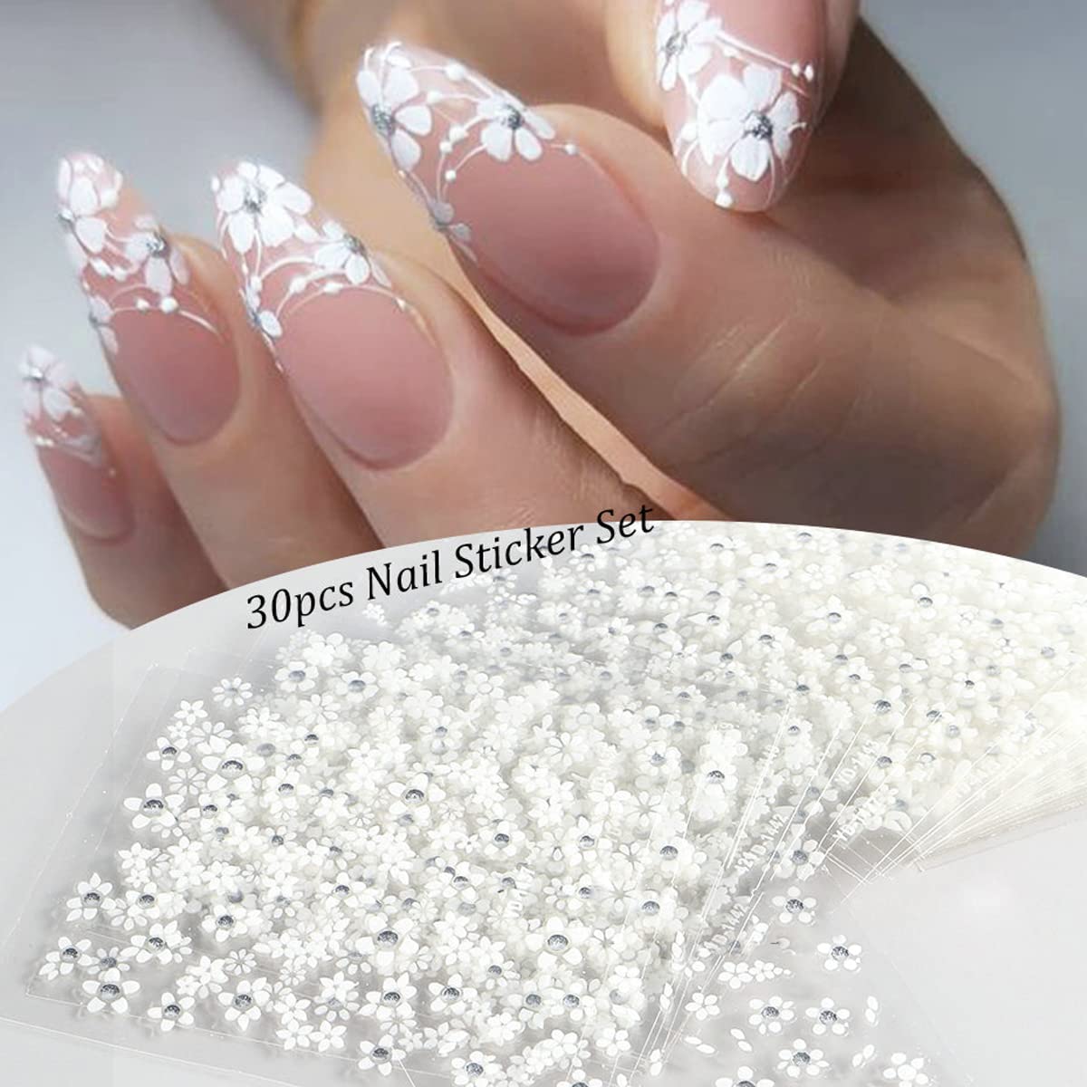 30Sheets Floral Nail Art Nail Nail Wraps Decals 3D Self Adhesive White Flower Designs Nails Supplies White Flower Nail Nail Wraps with Rhinestones Nail Decorations for Women Manicure Transfer Tool Nails Nail Wraps