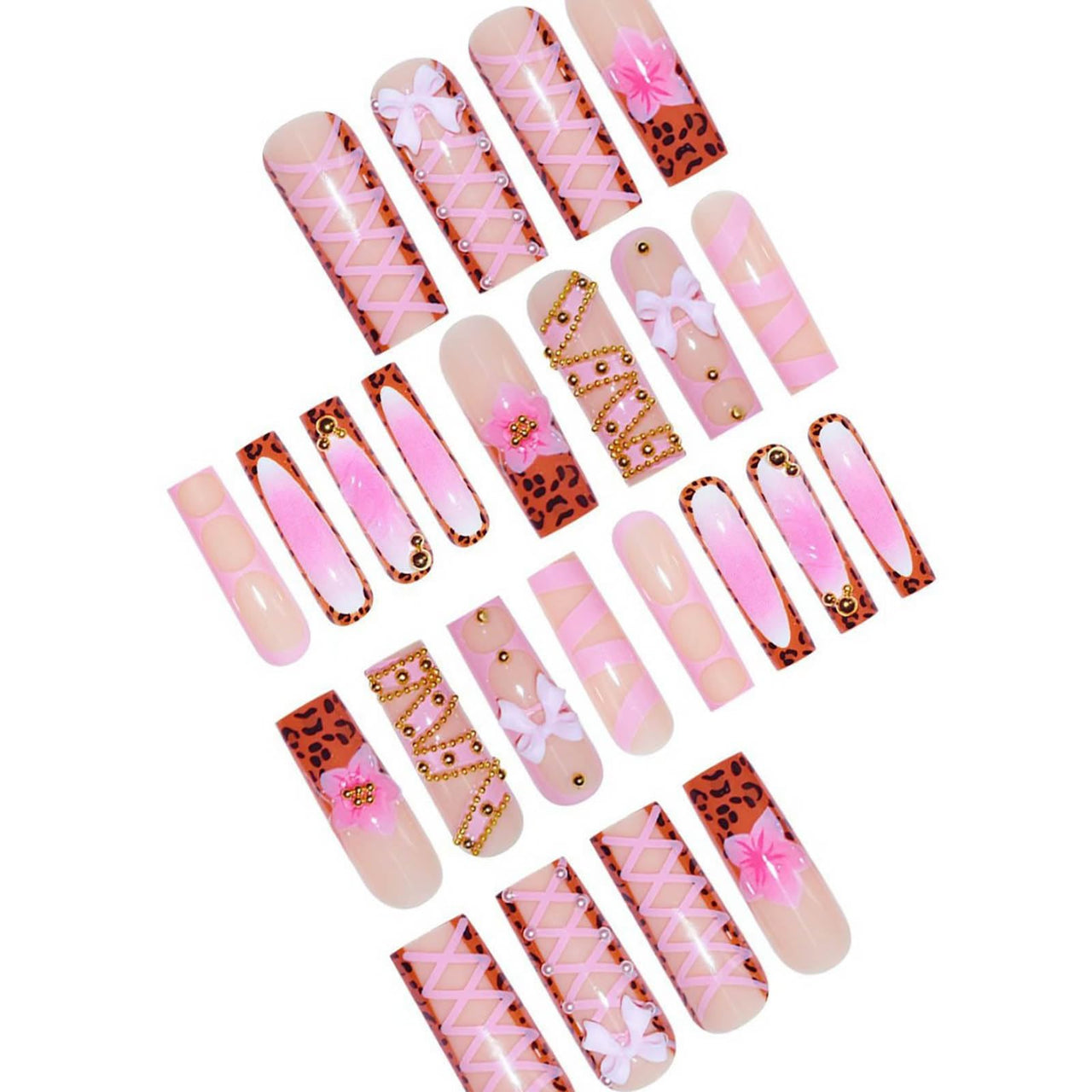 Long Press on Nails Square Fake Nails French Tip False Nails with 3D Bow Line Flower Designs Glue on Nails Glossy Acrylic Nails Full Cover Artificial Stick on Nails for Women 24Pcs | Premium Nail Wraps