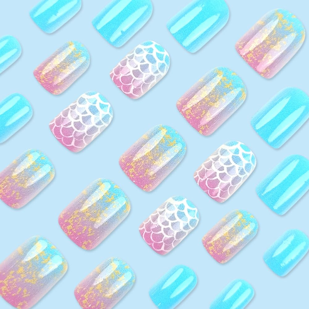 24 Pcs Summer Press on Nails Short Square Starry Sky Scales Design,YIHONGYAN Simple Fake Nails Press ons Blue Nail Tips Acrylic Set Glue on Nails Full Cover False Nails Glossy Stick on Nails for Women | Premium Nail Wraps