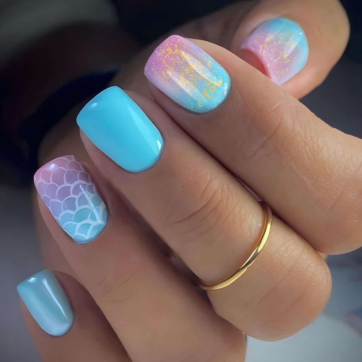 24 Pcs Summer Press on Nails Short Square Starry Sky Scales Design,YIHONGYAN Simple Fake Nails Press ons Blue Nail Tips Acrylic Set Glue on Nails Full Cover False Nails Glossy Stick on Nails for Women | Premium Nail Wraps - Premium Nail Wraps, Salon-Quality, Easy Application