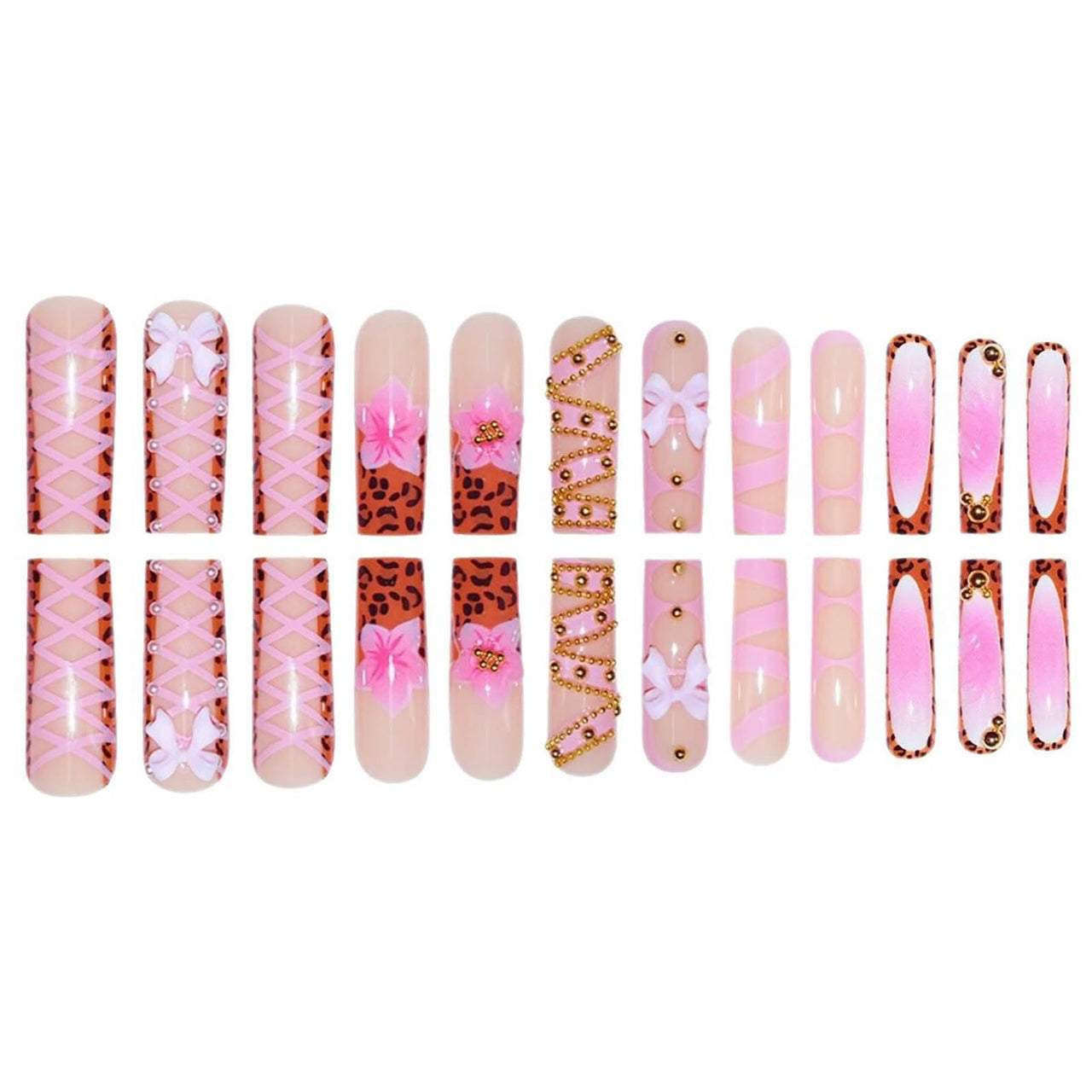 Long Press on Nails Square Fake Nails French Tip False Nails with 3D Bow Line Flower Designs Glue on Nails Glossy Acrylic Nails Full Cover Artificial Stick on Nails for Women 24Pcs | Premium Nail Wraps