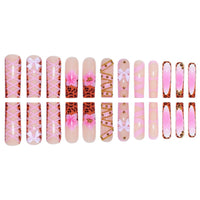 Thumbnail for Long Press on Nails Square Fake Nails French Tip False Nails with 3D Bow Line Flower Designs Glue on Nails Glossy Acrylic Nails Full Cover Artificial Stick on Nails for Women 24Pcs | Premium Nail Wraps