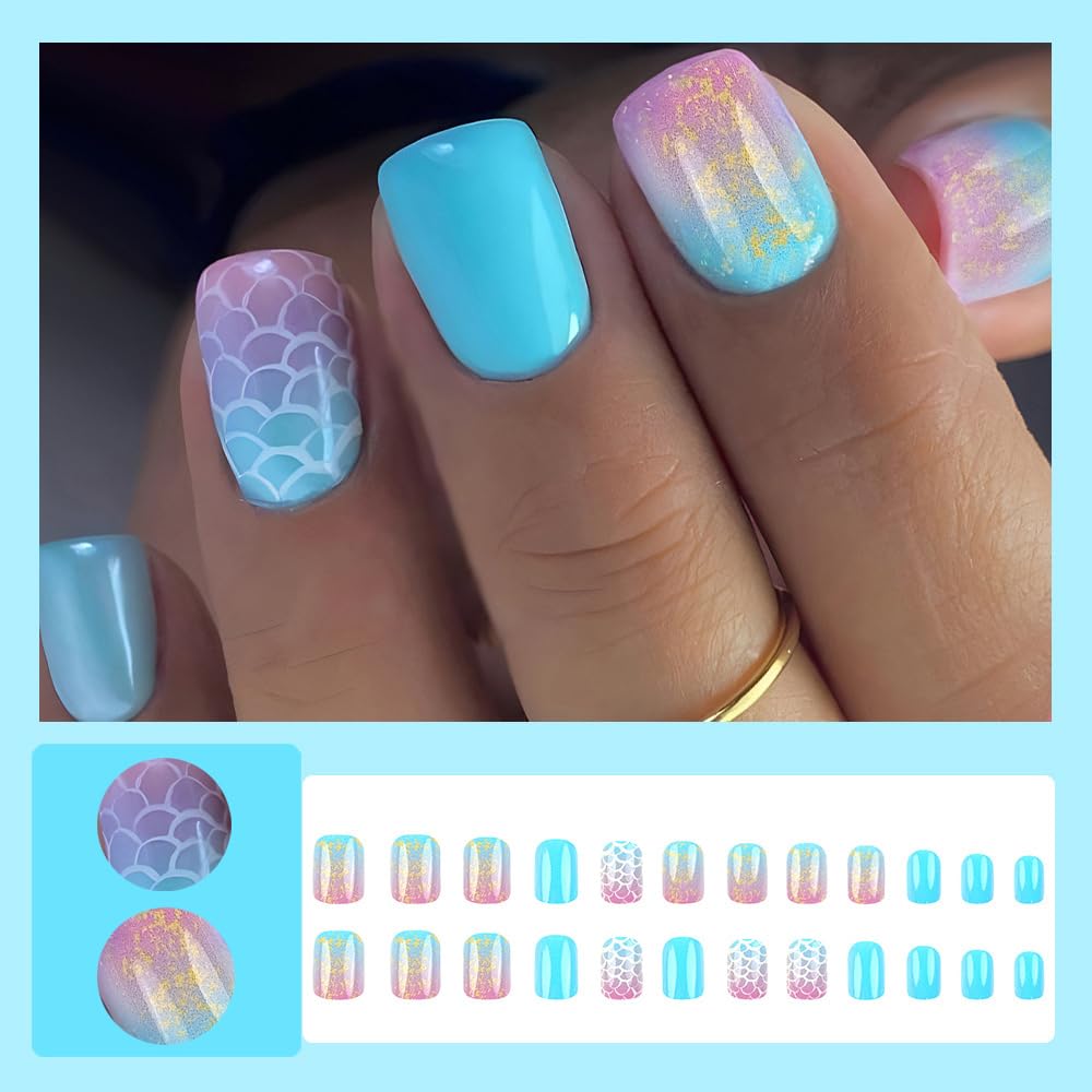 24 Pcs Summer Press on Nails Short Square Starry Sky Scales Design,YIHONGYAN Simple Fake Nails Press ons Blue Nail Tips Acrylic Set Glue on Nails Full Cover False Nails Glossy Stick on Nails for Women | Premium Nail Wraps