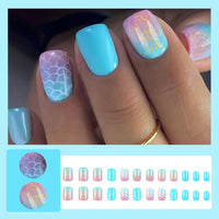 Thumbnail for 24 Pcs Summer Press on Nails Short Square Starry Sky Scales Design,YIHONGYAN Simple Fake Nails Press ons Blue Nail Tips Acrylic Set Glue on Nails Full Cover False Nails Glossy Stick on Nails for Women | Premium Nail Wraps