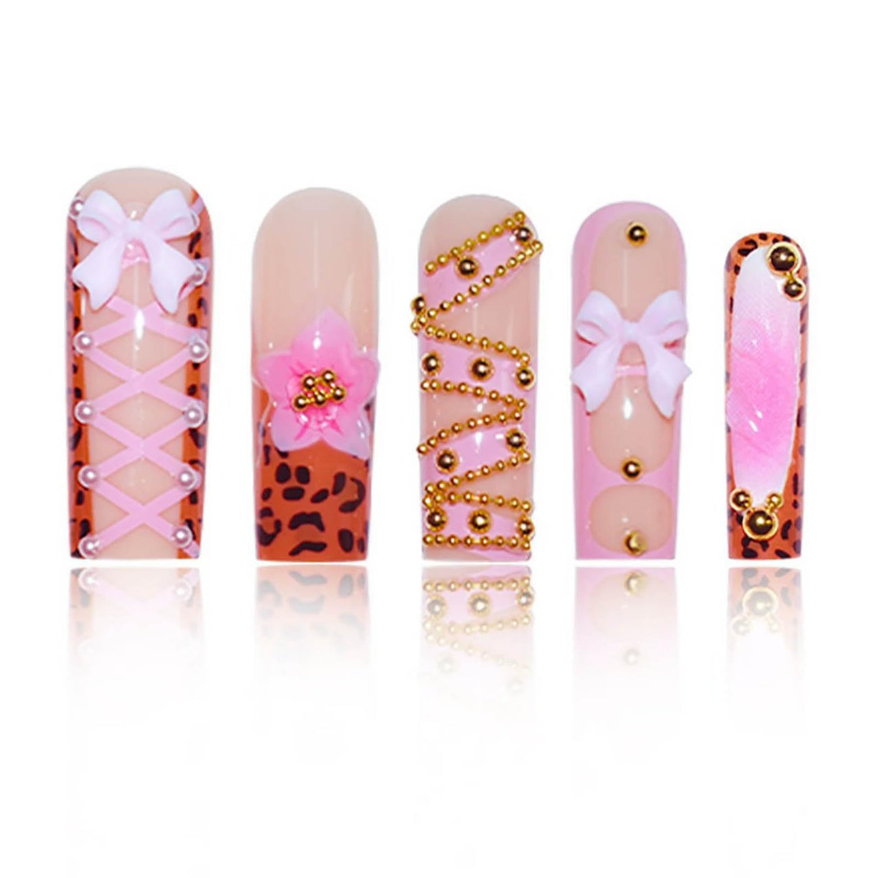 Long Press on Nails Square Fake Nails French Tip False Nails with 3D Bow Line Flower Designs Glue on Nails Glossy Acrylic Nails Full Cover Artificial Stick on Nails for Women 24Pcs | Premium Nail Wraps