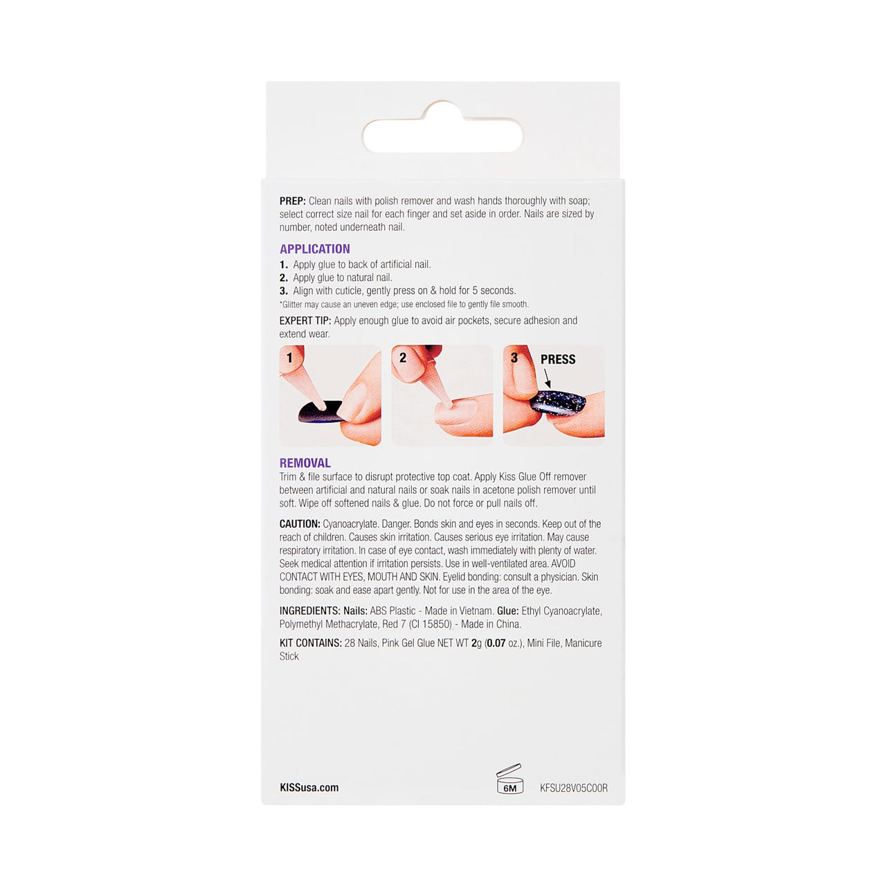KISS Gel Fantasy, Press On Nails, Nail glue included, 'Midnight Snacks', Dark Black, Short Size, Squoval Shape, Includes 28 Nails, 2g glue, 1 Manicure Stick, 1 Mini File