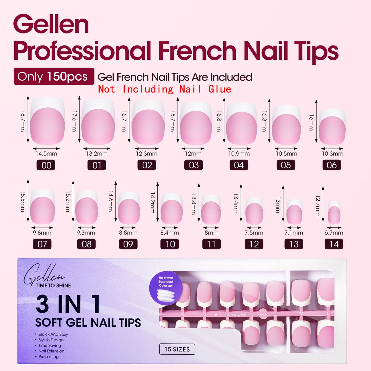 Gellen French Tip Press on Nails - 150 pcs Pink Square Short Press on Nails Soft Gel Nail Tips, 3 in 1 Pre-french French Tips 15 Sizes Fake Nails, No Need to File Full Cover Tips, No Nail Glue
