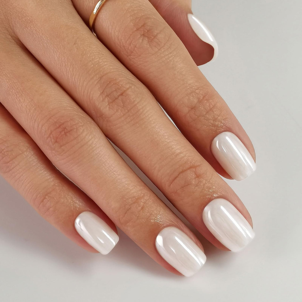 SHANGMENG Pearl White Press on Nails Short - Soft Gel Chrome Press on Nails Square for Women Gift, Glossy Glue on Nails in 16 Sizes - 32 Reusable Fake Nails with Glue, Pearl White | Premium Nail Wraps