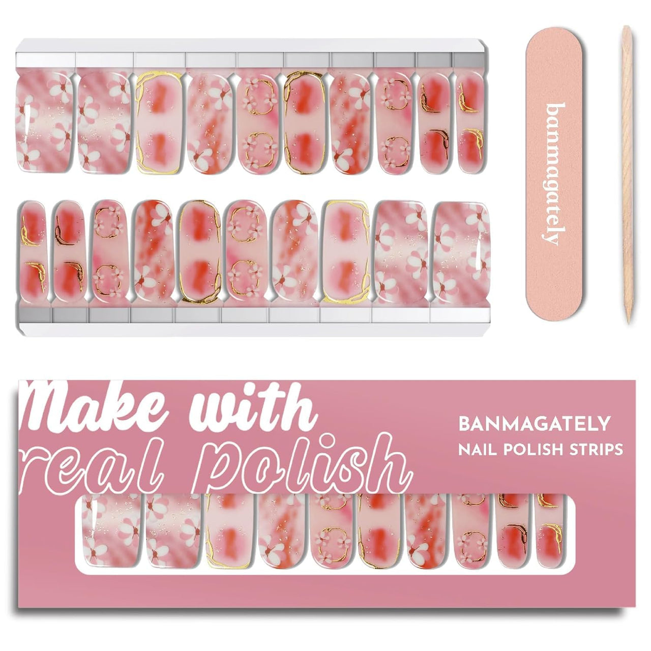 banmagately Nail Polish Strips, 20Pcs Salon Quality Gel Nail Nail Nail Wraps, Easy Long Lasting Nail Wraps for Short Nails no UV Light Needed (Spring Pink Flower)