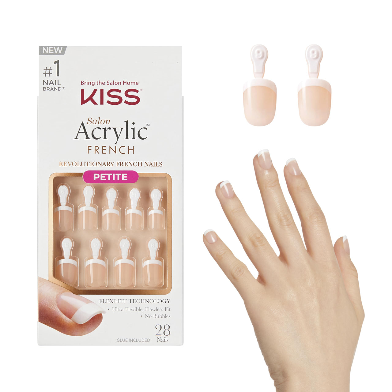 KISS Salon Acrylic, Press-On Nails, Nail glue included, 'Crush Hour', French, Petite Size, Squoval Shape, Includes 28 Nails, 2g Glue, 1 Manicure Stick, 1 Mini File | Premium Nail Wraps - Premium Nail Wraps, Salon-Quality, Easy Application