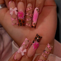 Thumbnail for Long Press on Nails Square Fake Nails French Tip False Nails with 3D Bow Line Flower Designs Glue on Nails Glossy Acrylic Nails Full Cover Artificial Stick on Nails for Women 24Pcs | Premium Nail Wraps - Premium Nail Wraps, Salon-Quality, Easy Application