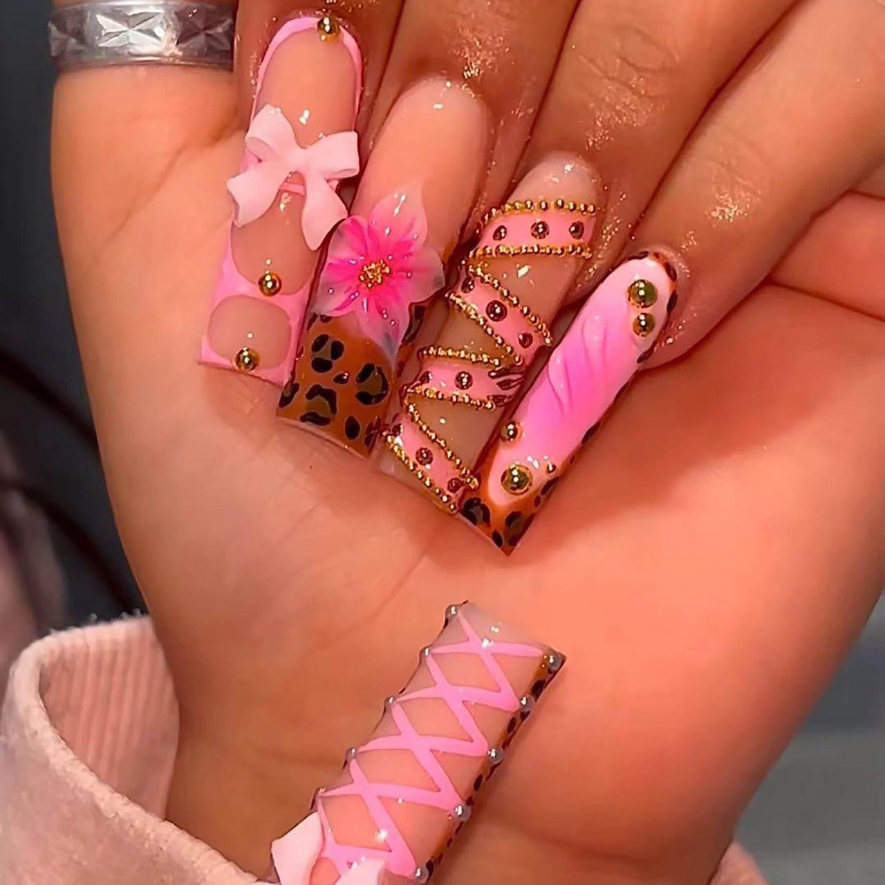 Long Press on Nails Square Fake Nails French Tip False Nails with 3D Bow Line Flower Designs Glue on Nails Glossy Acrylic Nails Full Cover Artificial Stick on Nails for Women 24Pcs | Premium Nail Wraps