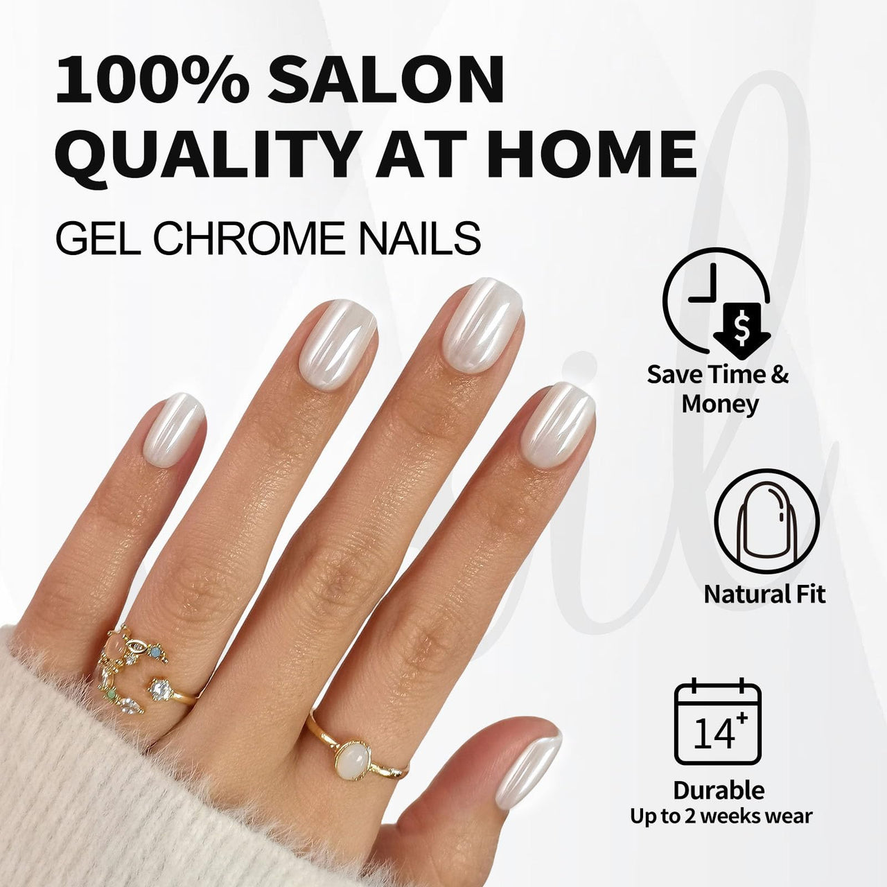 SHANGMENG Pearl White Press on Nails Short - Soft Gel Chrome Press on Nails Square for Women Gift, Glossy Glue on Nails in 16 Sizes - 32 Reusable Fake Nails with Glue, Pearl White | Premium Nail Wraps