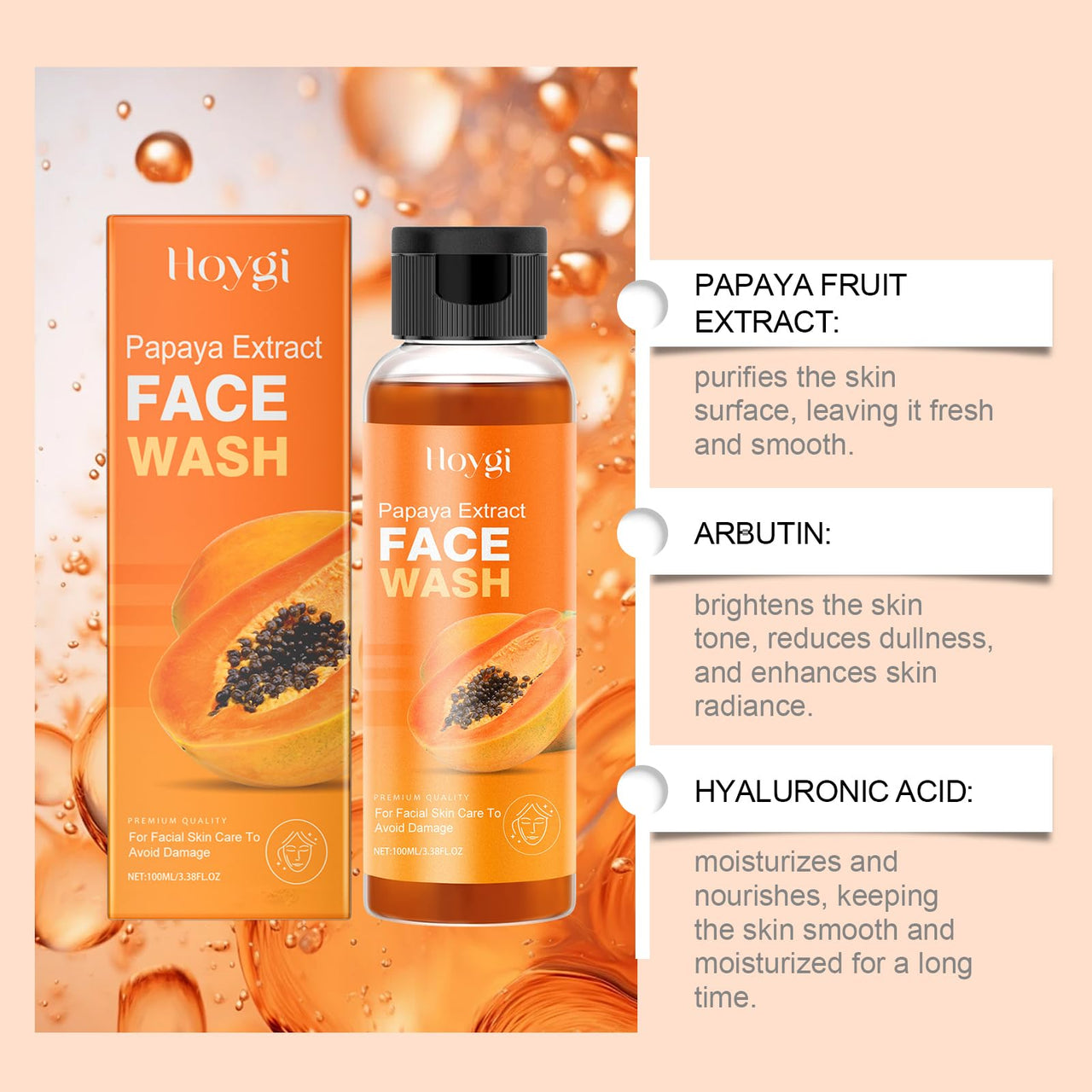 Papaya and Tea Tree Oil Face Wash with Hyaluronic Acid, Glycerin & Arbutin - Gentle Foaming Cleanser for Sensitive Skin, Deep Cleansing Without Dryness, 3.38 fl oz
