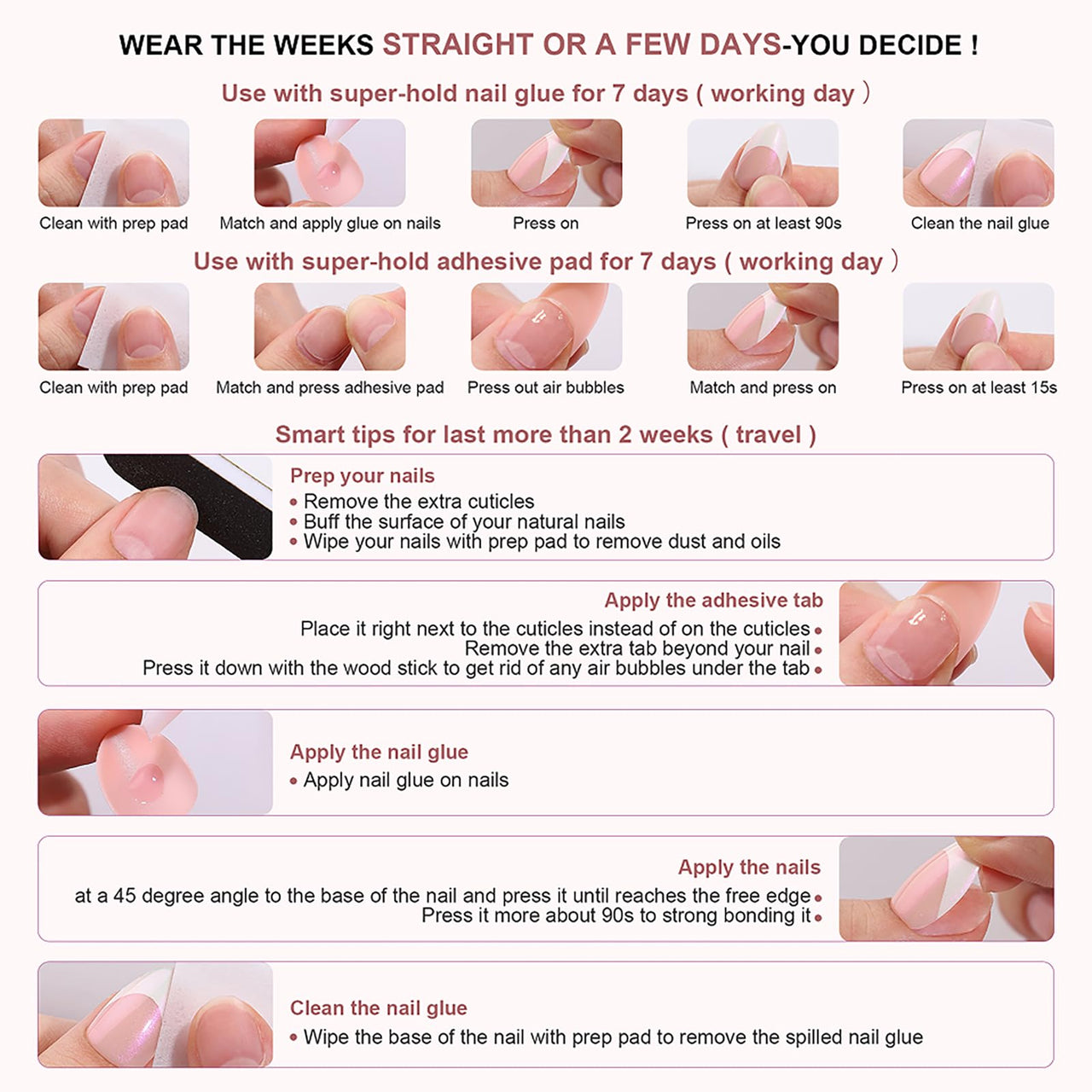 Long Press on Nails Square Fake Nails French Tip False Nails with 3D Bow Line Flower Designs Glue on Nails Glossy Acrylic Nails Full Cover Artificial Stick on Nails for Women 24Pcs | Premium Nail Wraps