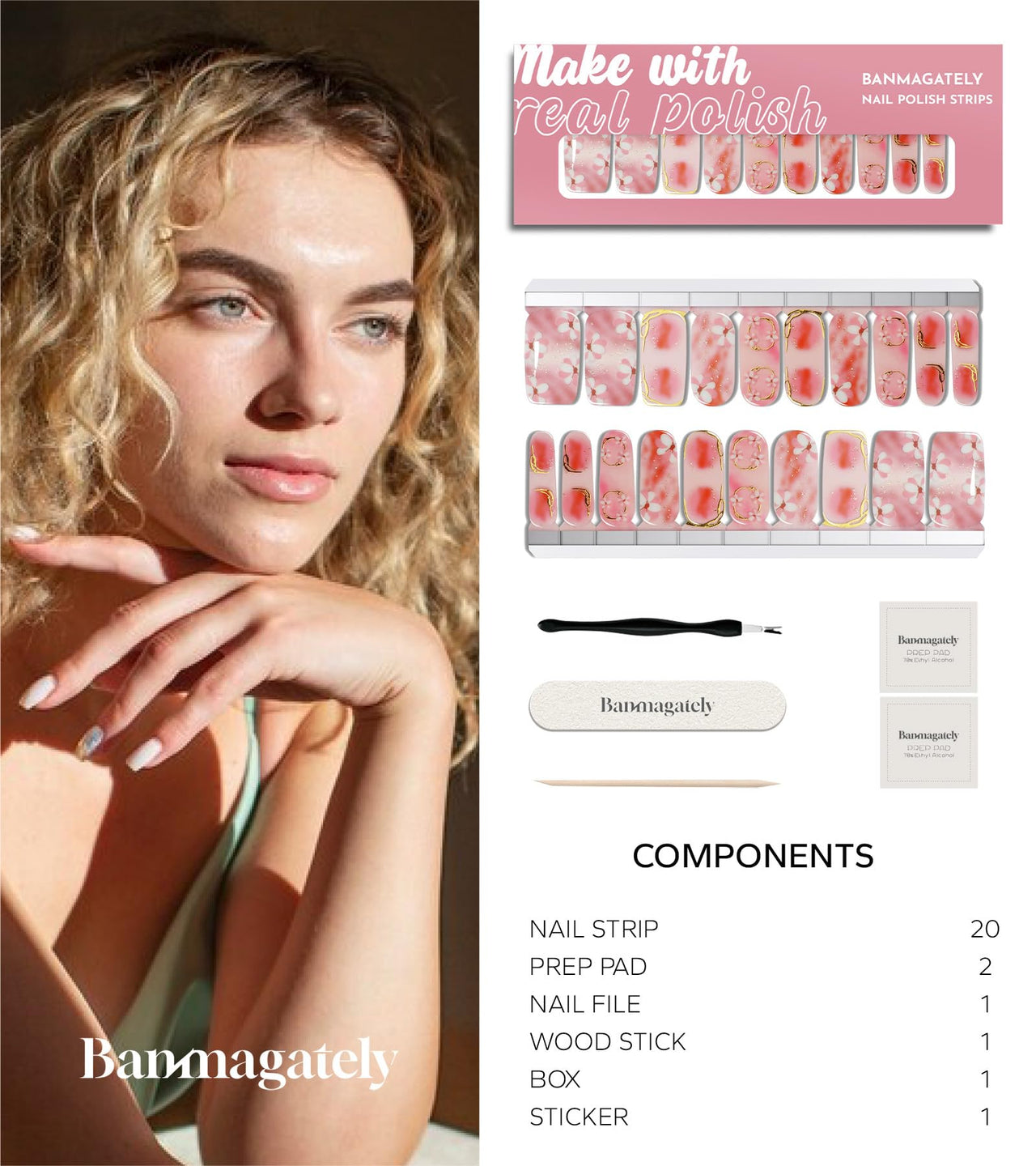 banmagately Nail Polish Strips, 20Pcs Salon Quality Gel Nail Nail Nail Wraps, Easy Long Lasting Nail Wraps for Short Nails no UV Light Needed (Spring Pink Flower)