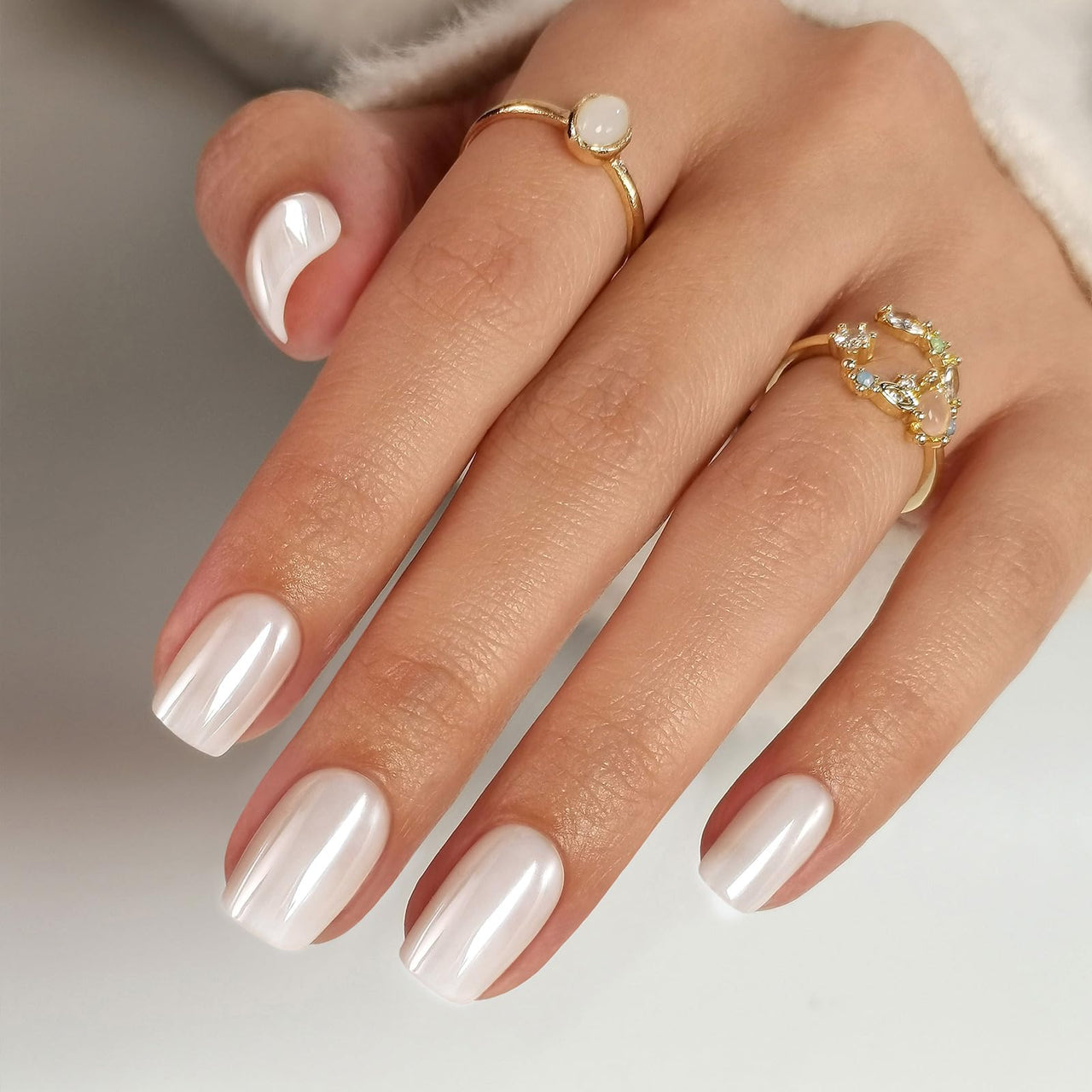 SHANGMENG Pearl White Press on Nails Short - Soft Gel Chrome Press on Nails Square for Women Gift, Glossy Glue on Nails in 16 Sizes - 32 Reusable Fake Nails with Glue, Pearl White | Premium Nail Wraps - Premium Nail Wraps, Salon-Quality, Easy Application