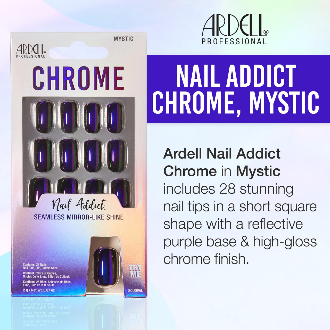 Ardell Nail Addict Chrome Press on Nails Short Square Shape, Mystic, Nail Kit, 1-Pack