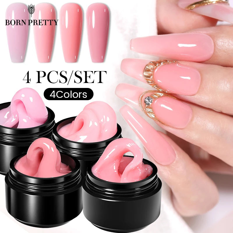 Crazy Gels BORN PRETTY 4Pcs 15ML Non Stick Hand Solid Extension Nail Gel Set Manicure Clear Pink Extension Gel Nail Extension Kit