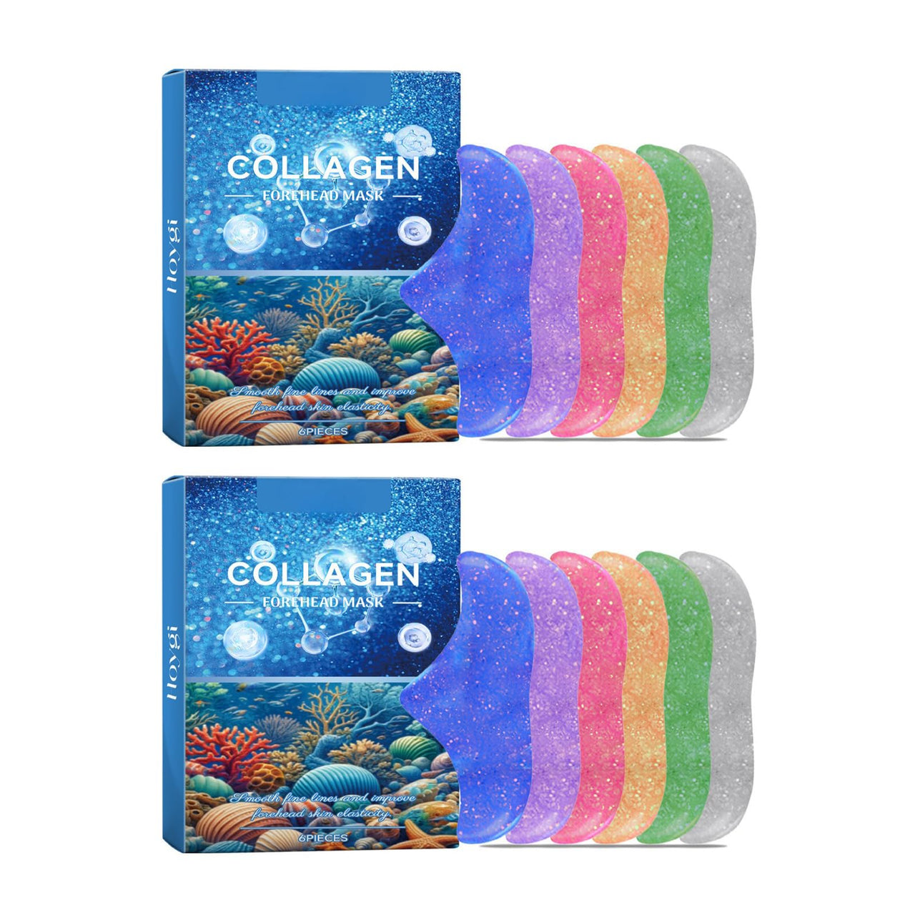 Collagen eye mask packaging with colorful masks on a white background
