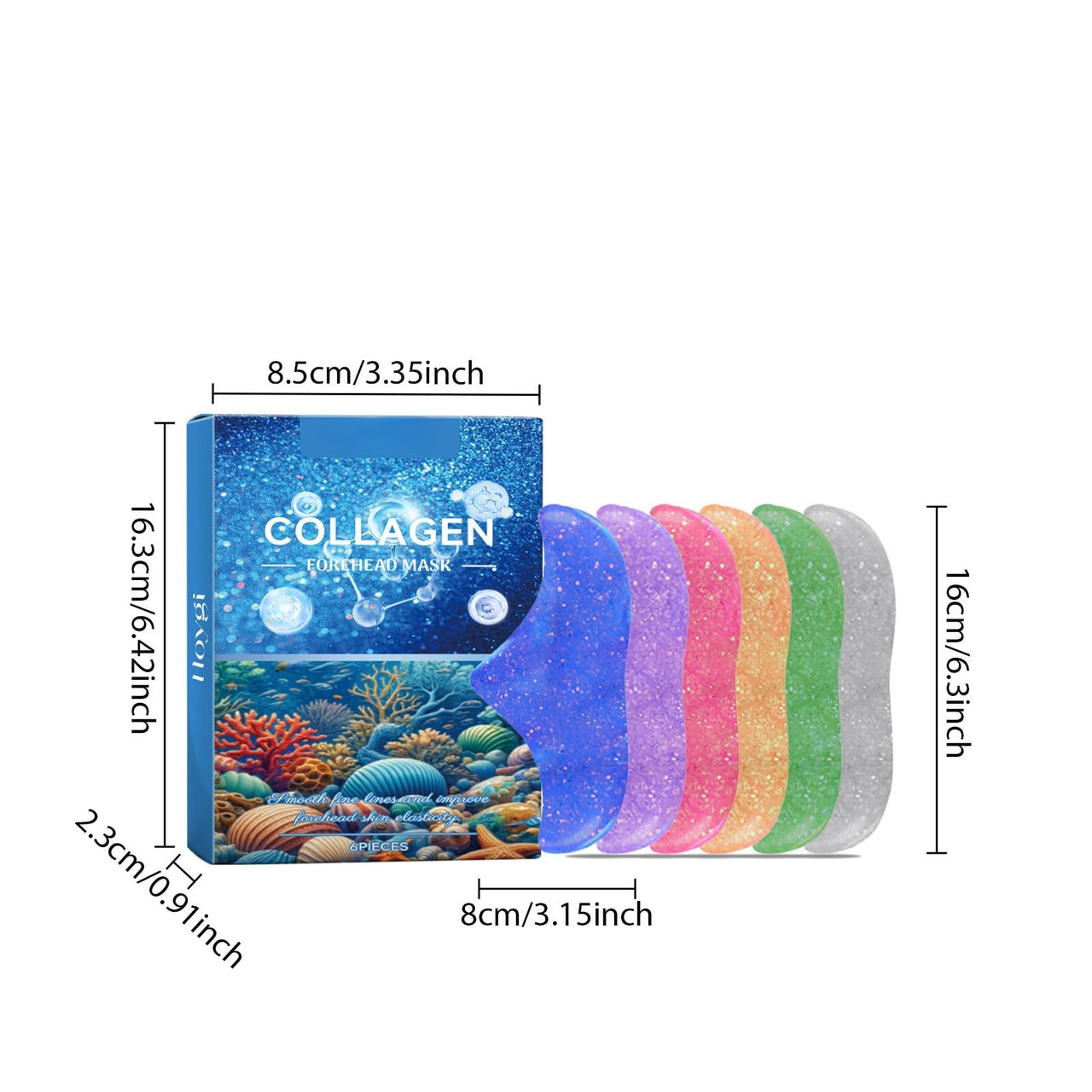 Collagen eye mask packaging with dimensions and color options on a white background