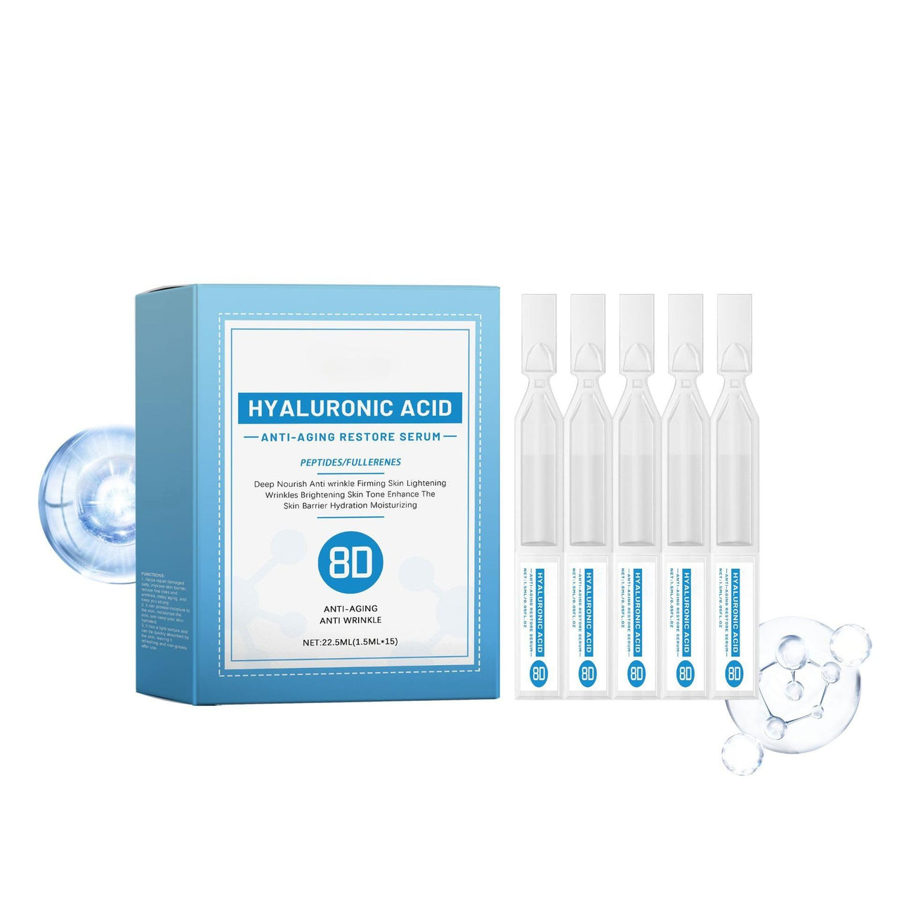 Hyaluronic acid serum packaging with ampoules on a white background