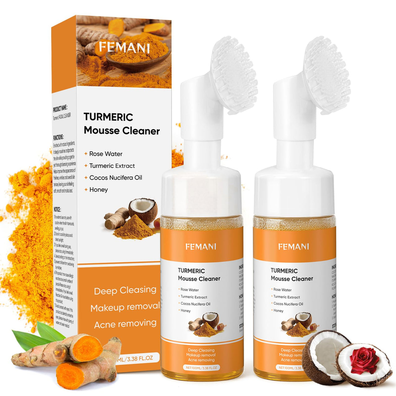 FEMANI Turmeric Mousse Cleaner with packaging and natural ingredients on a white background