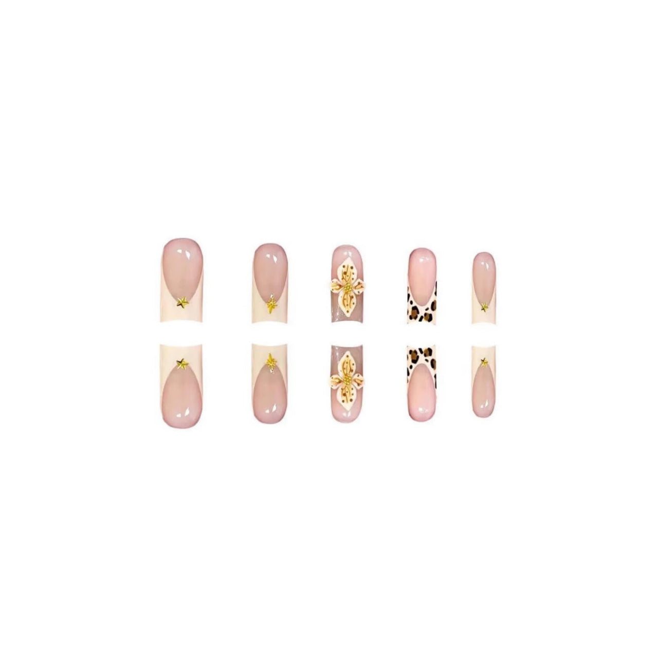 Medium Square Press on Nails French Tip False Nails with Leopard Print 3D Flower and Stars Designs Fake Nail Embossed Acrylic Full Cover Stick on Nail for Women 24 Pcs (P-1, M-1)