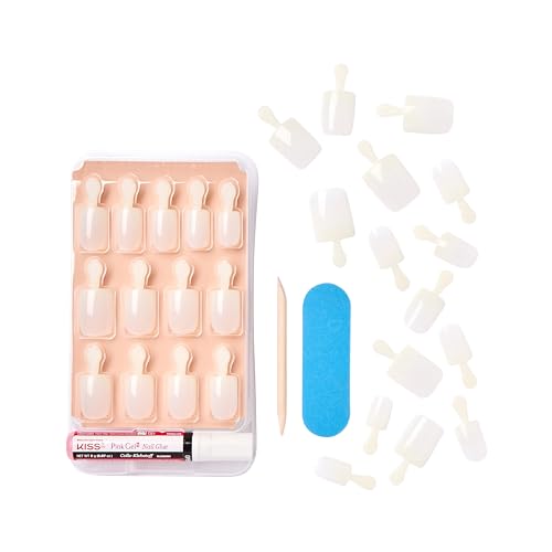 KISS Salon Acrylic Natural Press On Nails, Nail glue included, 'Rare', Nude, Short Size, Squoval Shape, Includes 28 Nails, 2g Glue, 1 Manicure Stick, 1 Mini File | Premium Nail Wraps