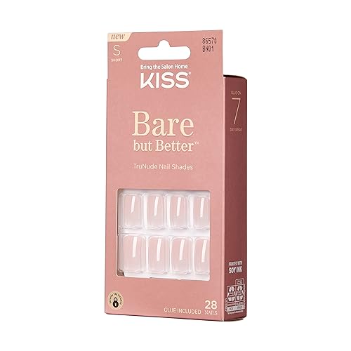 KISS Bare but Better Press On Nails, Glossy Pink, Short Length, Square Shape, 28 Fake Nails, Pink Gel Nail Glue Net Wt. 2g (0.07 Oz.), Mini Nail File, & Manicure Stick | Premium Nail Wraps