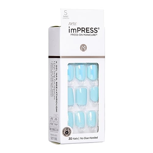 KISS imPRESS No Glue Mani Press On Nails, Design, 'Rain Check', Blue, Short Size, Squoval Shape, Includes 30 Nails, Prep Pad, Instructions Sheet, 1 Manicure Stick, 1 Mini File