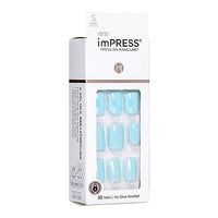 Thumbnail for KISS imPRESS No Glue Mani Press On Nails, Design, 'Rain Check', Blue, Short Size, Squoval Shape, Includes 30 Nails, Prep Pad, Instructions Sheet, 1 Manicure Stick, 1 Mini File