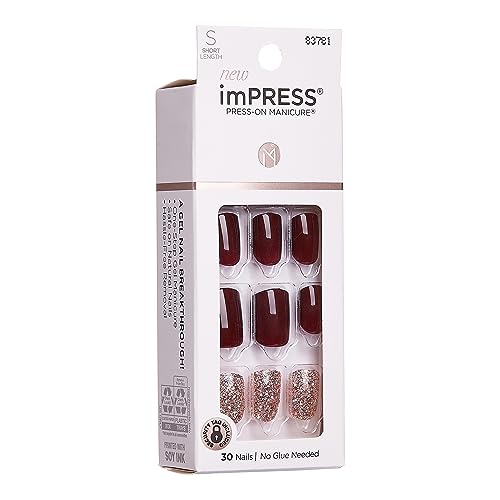 KISS imPRESS No Glue Mani Press On Nails, Design, 'No Other', Red, Short Size, Squoval Shape, Includes 30 Nails, Prep Pad, Instructions Sheet, 1 Manicure Stick, 1 Mini File | Premium Nail Wraps