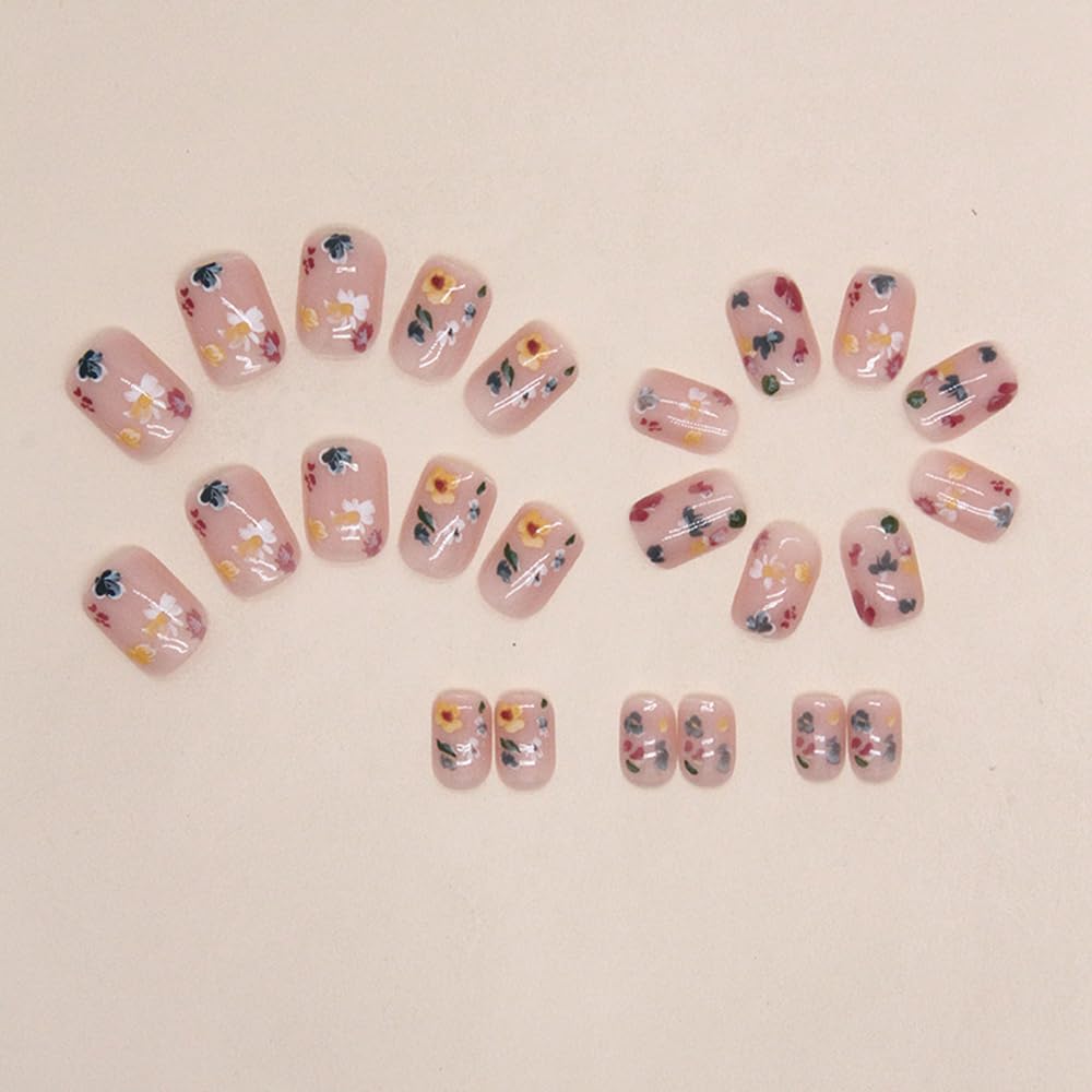 24Pcs Spring Nude Pink Press on Nails Short Square - SHANRUN Fake Nails Press ons with Flowers Design False Nails Full Cover Acrylic Artificial Nail Art Kit Glue on Nail for Women Manicure Supplies