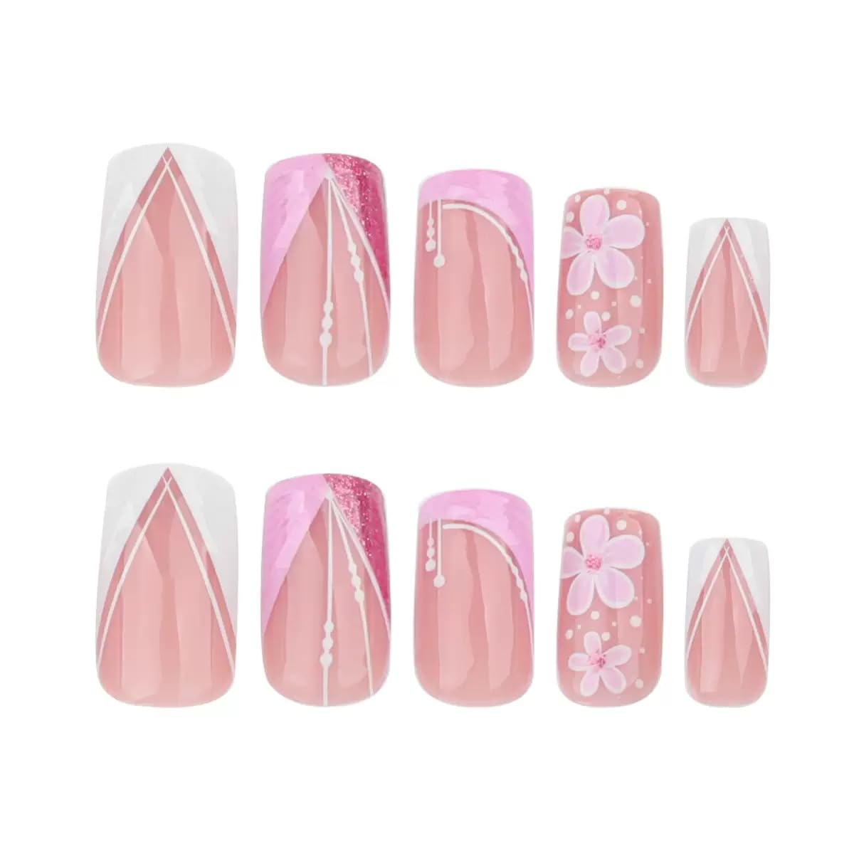 Square Press on Nails Short Fake Nails Pink False Nails with 3D Flower Design Glue on Nails French Acrylic Nails Glitter Full Cover Stick on Nails Cute Acrylic Nails for Women Manicure 24Pcs | Premium Nail Wraps