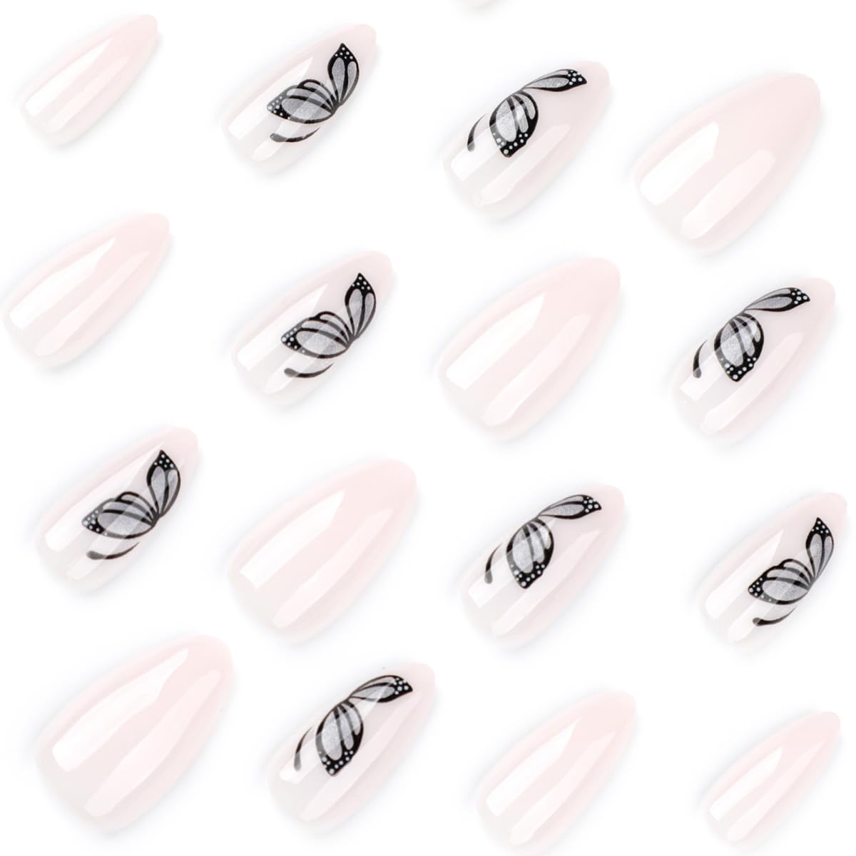 Mivota Butterfly Press On Nails Almond Shape, Nude Fake Nails with Butterfly Cat Eye Gray Ombre Design, Glossy Gel Finish Acrylic Nails Kit for Women, Natural Reusable Glue-On Nails Set, 24 Pcs | Premium Nail Wraps