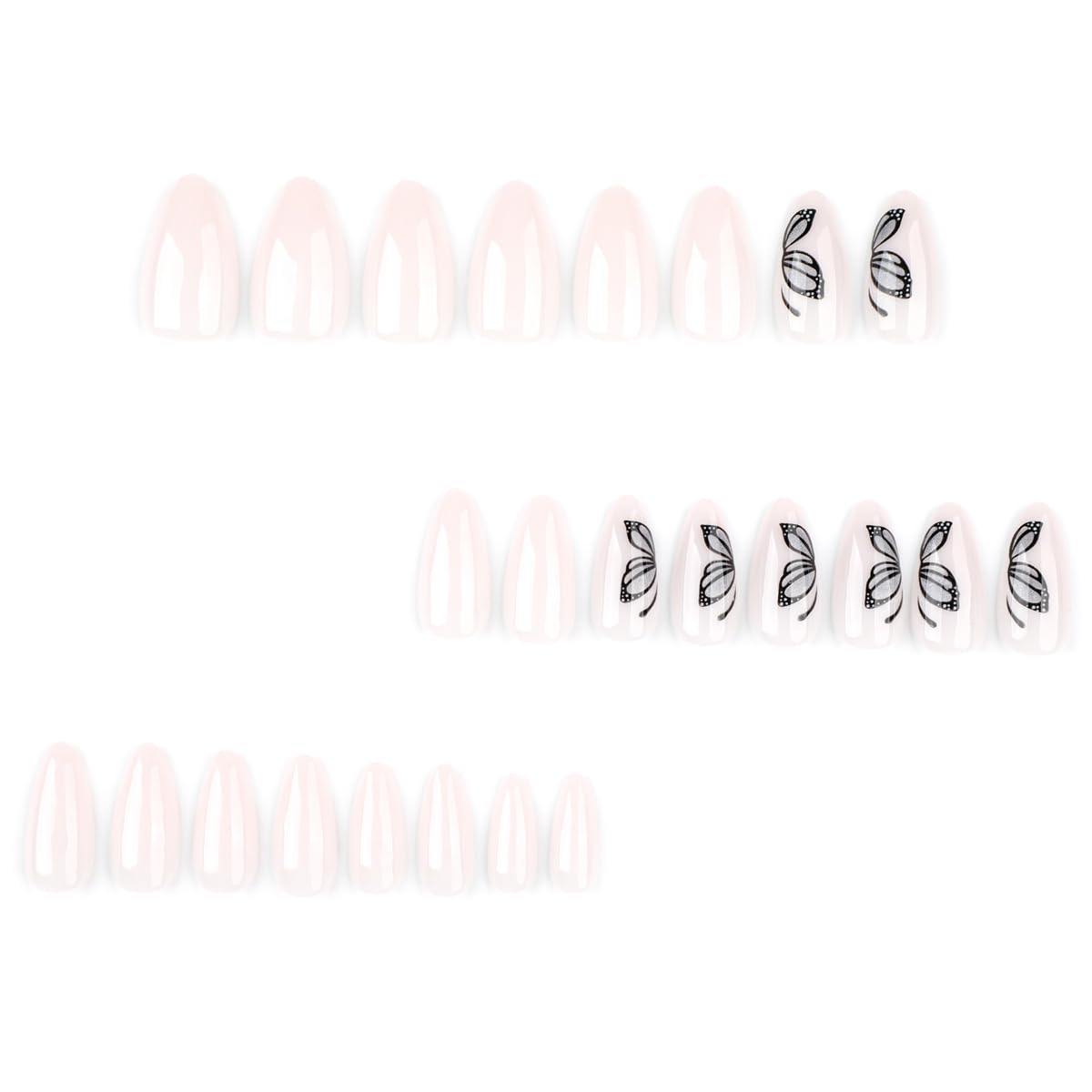 Mivota Butterfly Press On Nails Almond Shape, Nude Fake Nails with Butterfly Cat Eye Gray Ombre Design, Glossy Gel Finish Acrylic Nails Kit for Women, Natural Reusable Glue-On Nails Set, 24 Pcs | Premium Nail Wraps