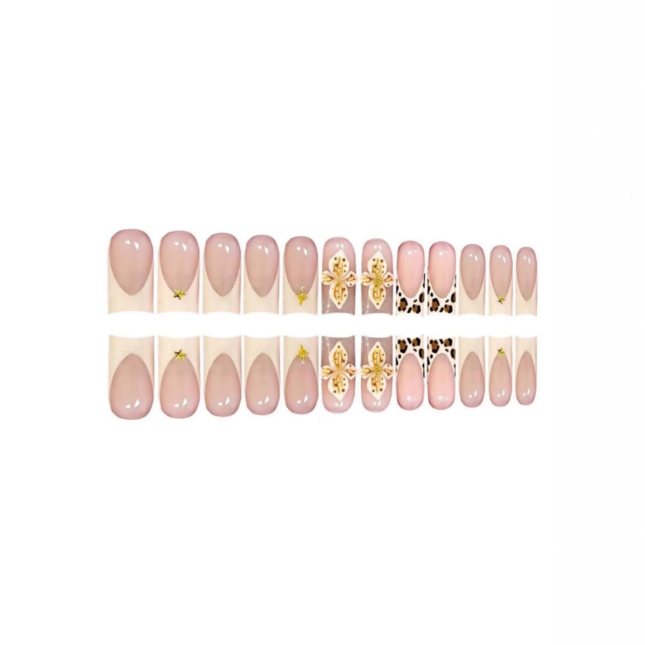 Medium Square Press on Nails French Tip False Nails with Leopard Print 3D Flower and Stars Designs Fake Nail Embossed Acrylic Full Cover Stick on Nail for Women 24 Pcs (P-1, M-1)