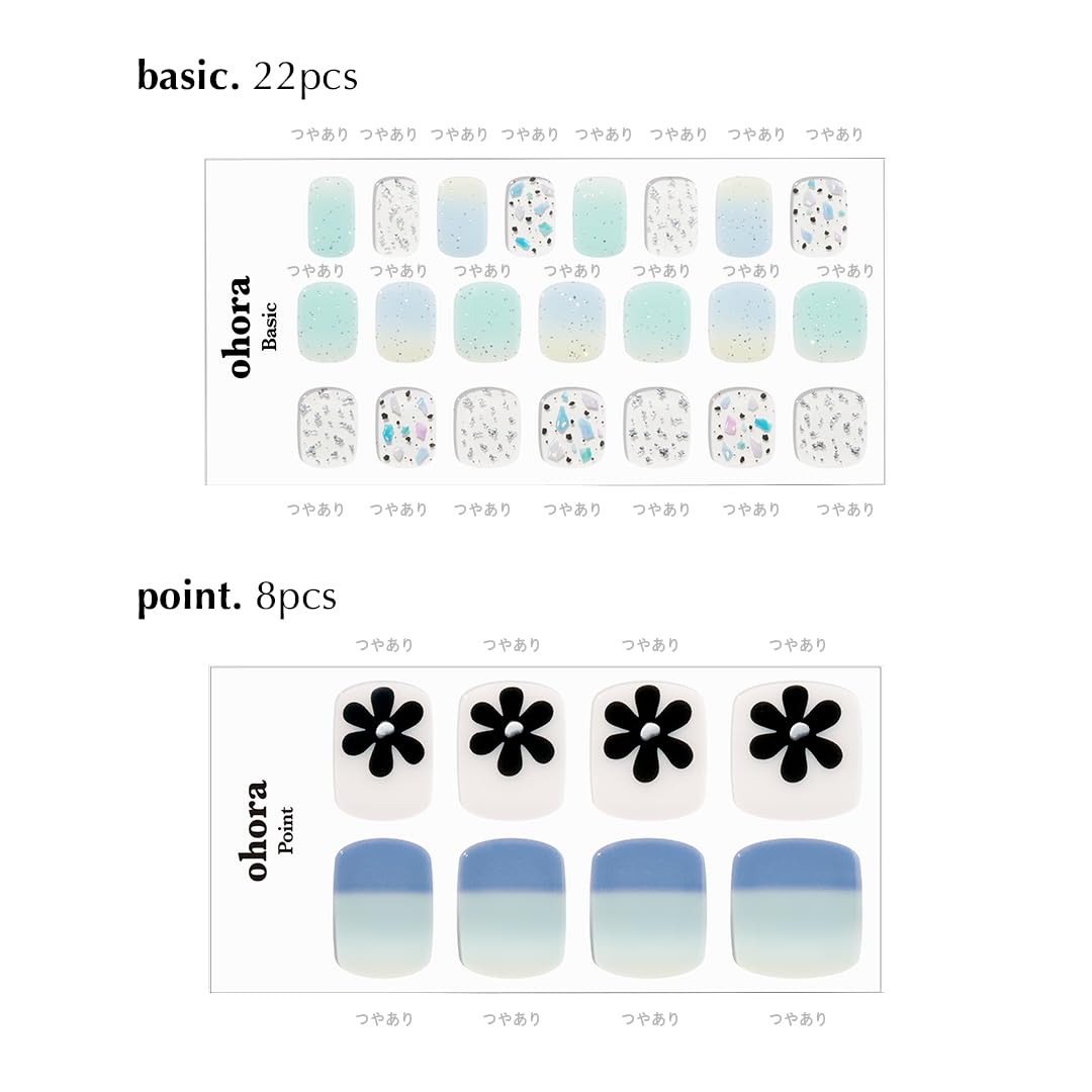 ohora Semi Cured Gel Nail Strips (P Flowery Ocean) - Works with Any Nail Lamps, Salon-Quality, Long Lasting, Easy to Apply & Remove - Includes 2 Prep Pads, Nail File & Wooden Stick