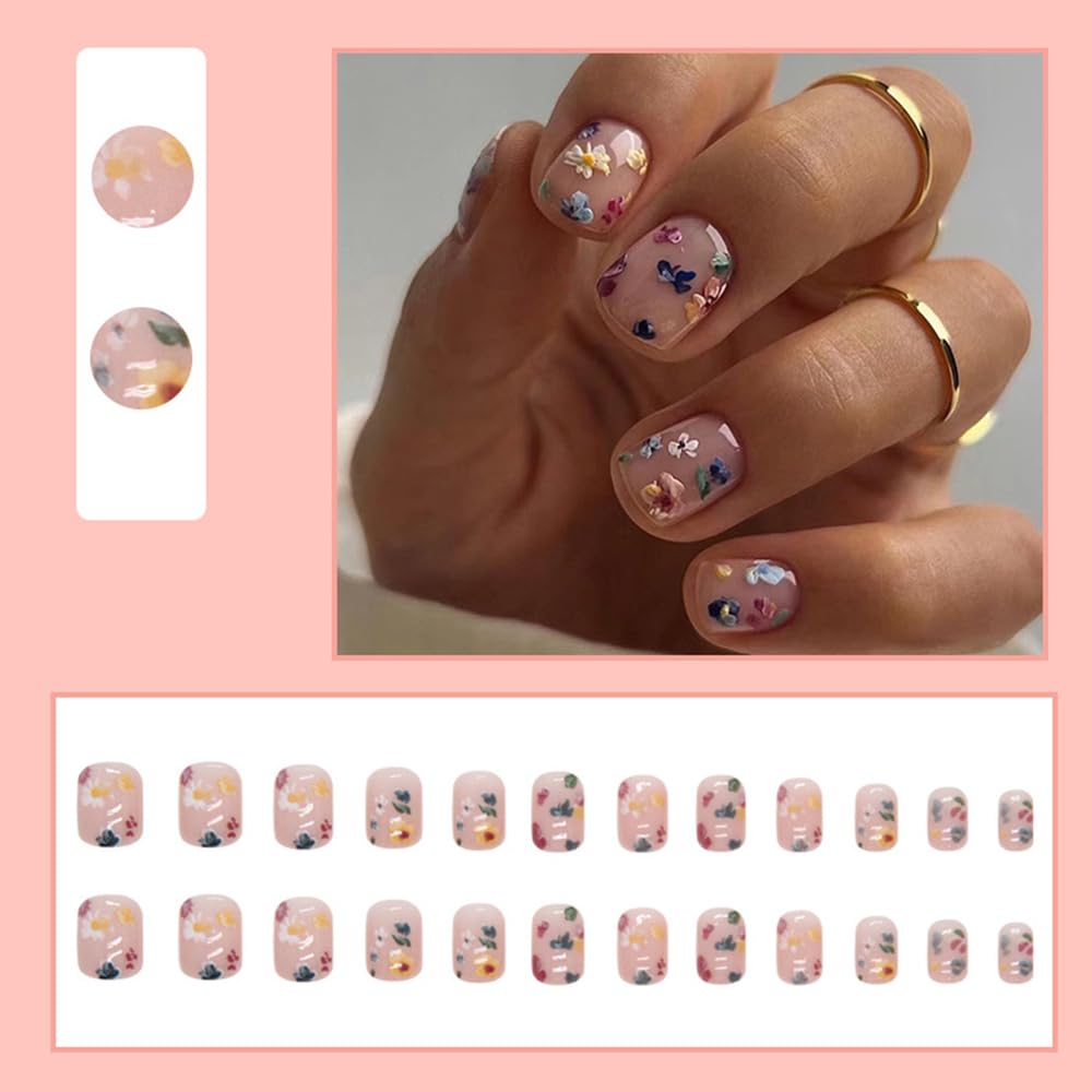 24Pcs Spring Nude Pink Press on Nails Short Square - SHANRUN Fake Nails Press ons with Flowers Design False Nails Full Cover Acrylic Artificial Nail Art Kit Glue on Nail for Women Manicure Supplies