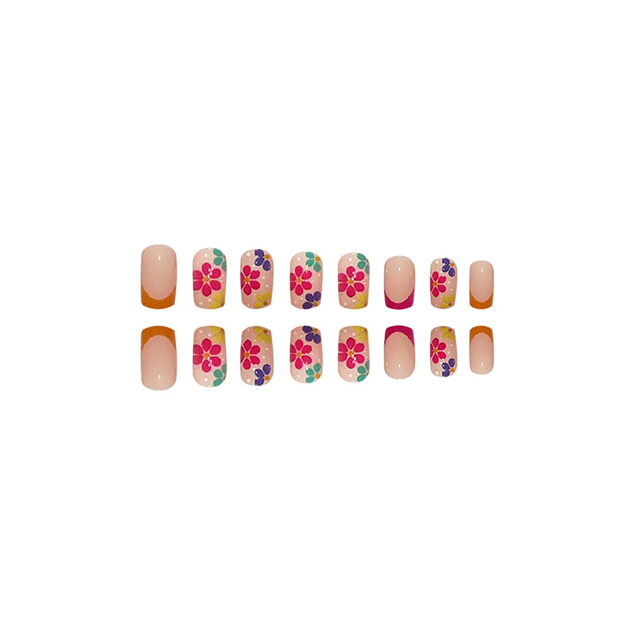 French Tip Press on Nails Short Square Fake Nails Nude Pink False with Flower Designs Acrylic Artificial Nails Full Cover Glue on Nails Stick on Nails for Women Girls