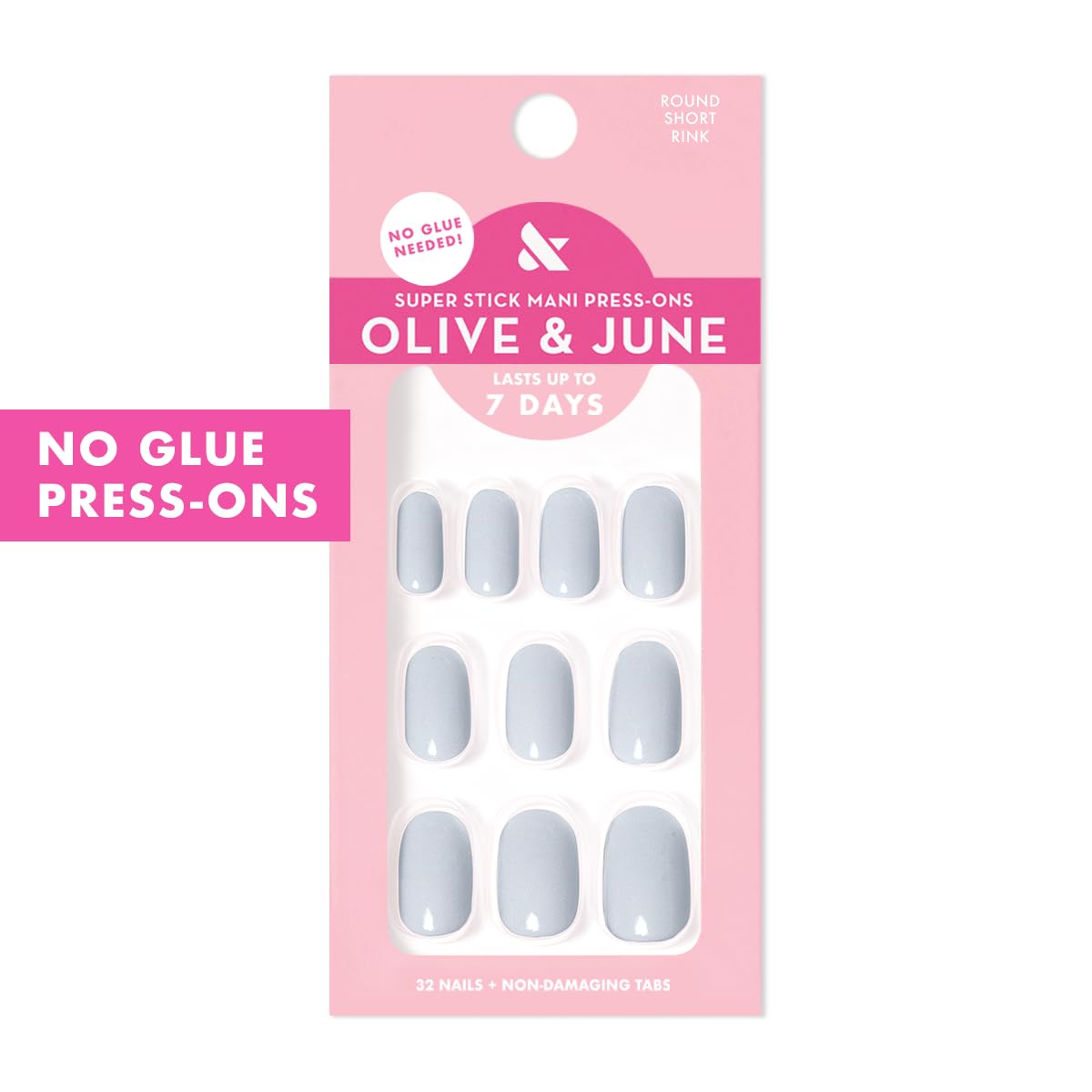 Olive & June Classic Super Stick Mani Press On Nails | Short, Round | No Glue Needed | 32 Tab Nails in 16 Sizes | Non-Toxic Tabs Easy On-Off Non-Damaging Realest Look | 7-Day Wear | Rink Pastel Blue