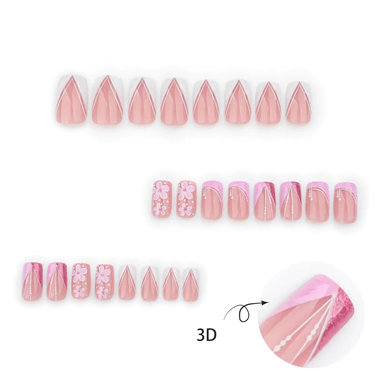 Square Press on Nails Short Fake Nails Pink False Nails with 3D Flower Design Glue on Nails French Acrylic Nails Glitter Full Cover Stick on Nails Cute Acrylic Nails for Women Manicure 24Pcs | Premium Nail Wraps