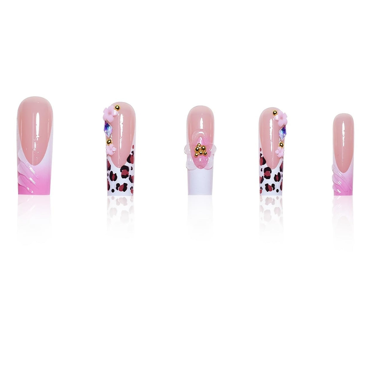 Gleamrain Long Square Press on Nails French Tip Fake Nails with Flower Design False Nails Elegant Full Cover Nails for Women and Girls 24pcs