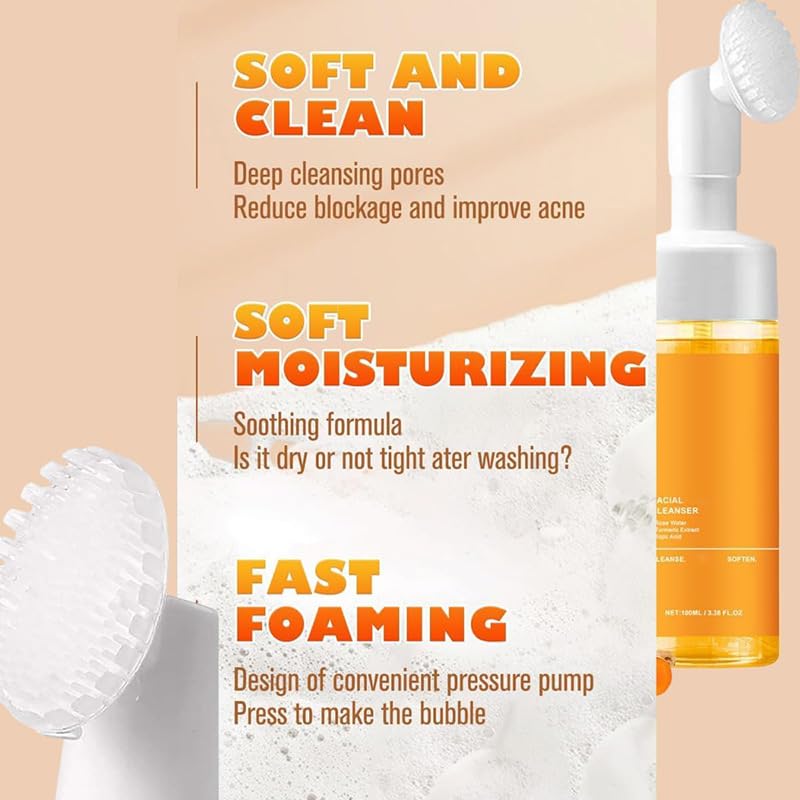 2 Pcs Turmeric Face Wash With Brush, Glow Wash Turmeric Foaming Facial Cleanser Gentle Scrub Deep Exfoliating for Women and Man.