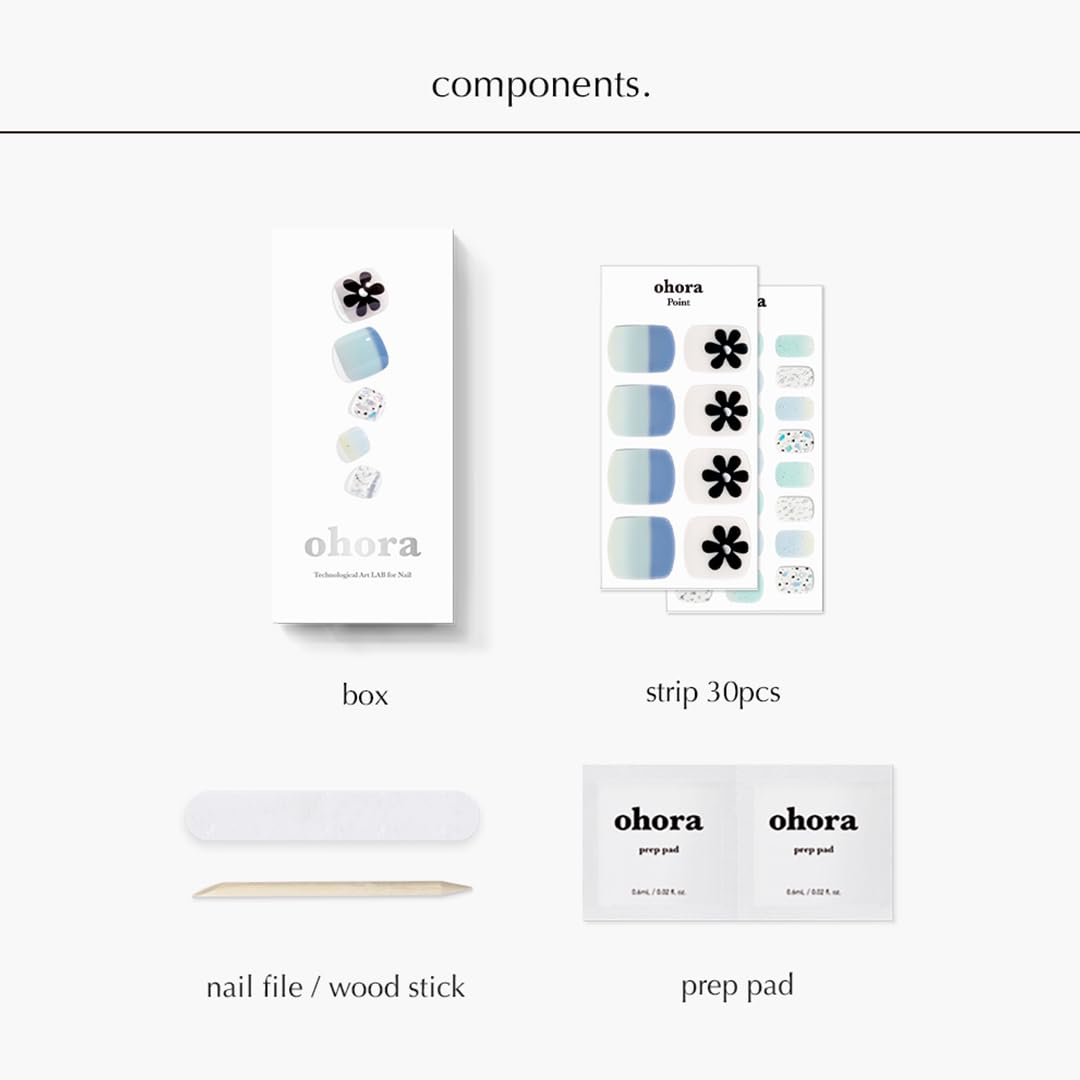ohora Semi Cured Gel Nail Strips (P Flowery Ocean) - Works with Any Nail Lamps, Salon-Quality, Long Lasting, Easy to Apply & Remove - Includes 2 Prep Pads, Nail File & Wooden Stick