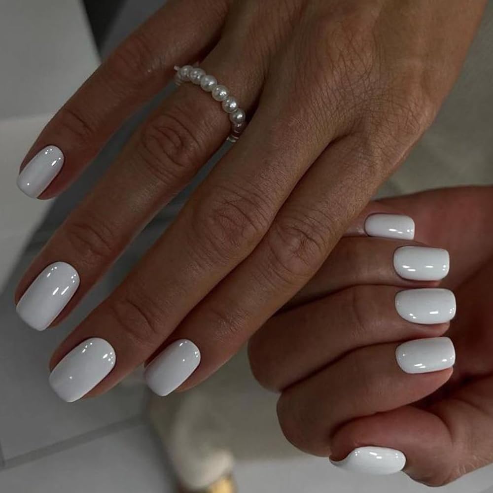 GLAMERMAID Extra Short Press on Nails, Pure White Fake Nails Short Squoval, Natural Round Square Glue on Nails Glossy Gel, Acrylic Metal False Nail Kits for Women, Reusable Stick on Full Cover Nails